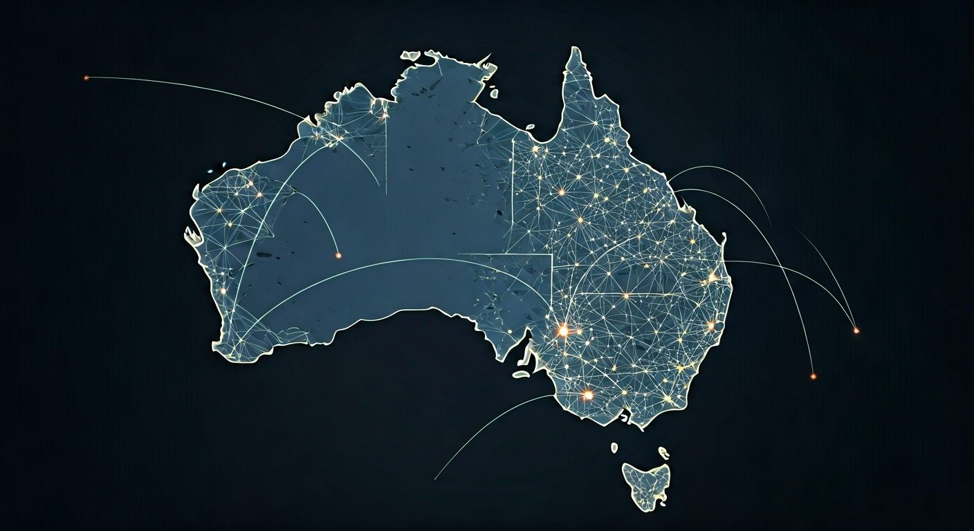 Australia map with cyber defense network